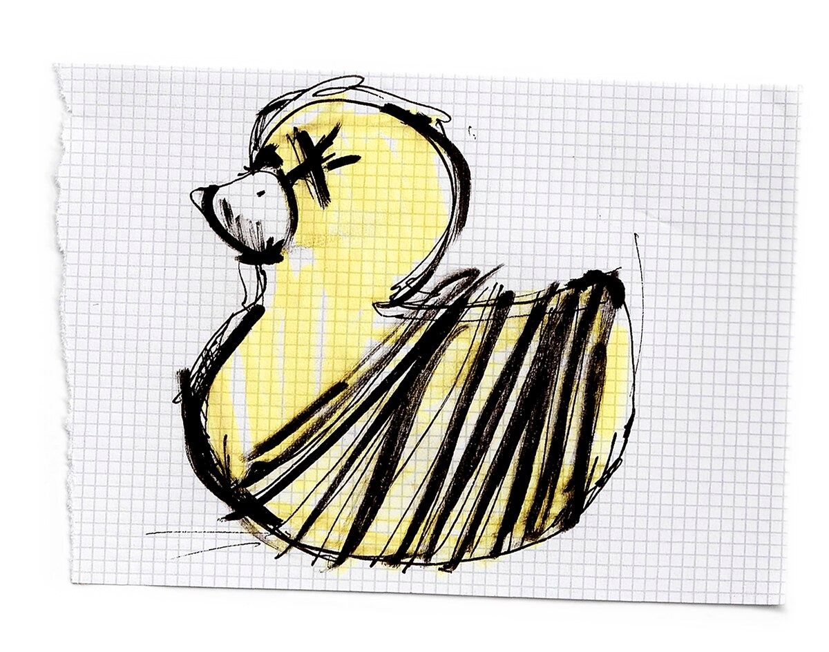 Ink sketch of a yellow rubber duck on graph paper